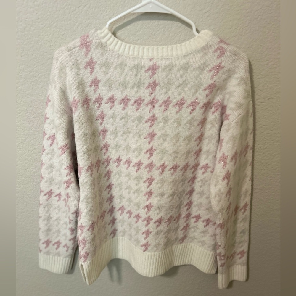 525 America Pink & Cream Houndstooth Crew Neck Sweater | Classic Cozy Knit NWT - Picture 4 of 8